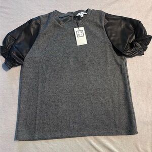 Thml Brand Short Sleeve Sweater Top With Faux Leather Accent. NWT. Womens Med